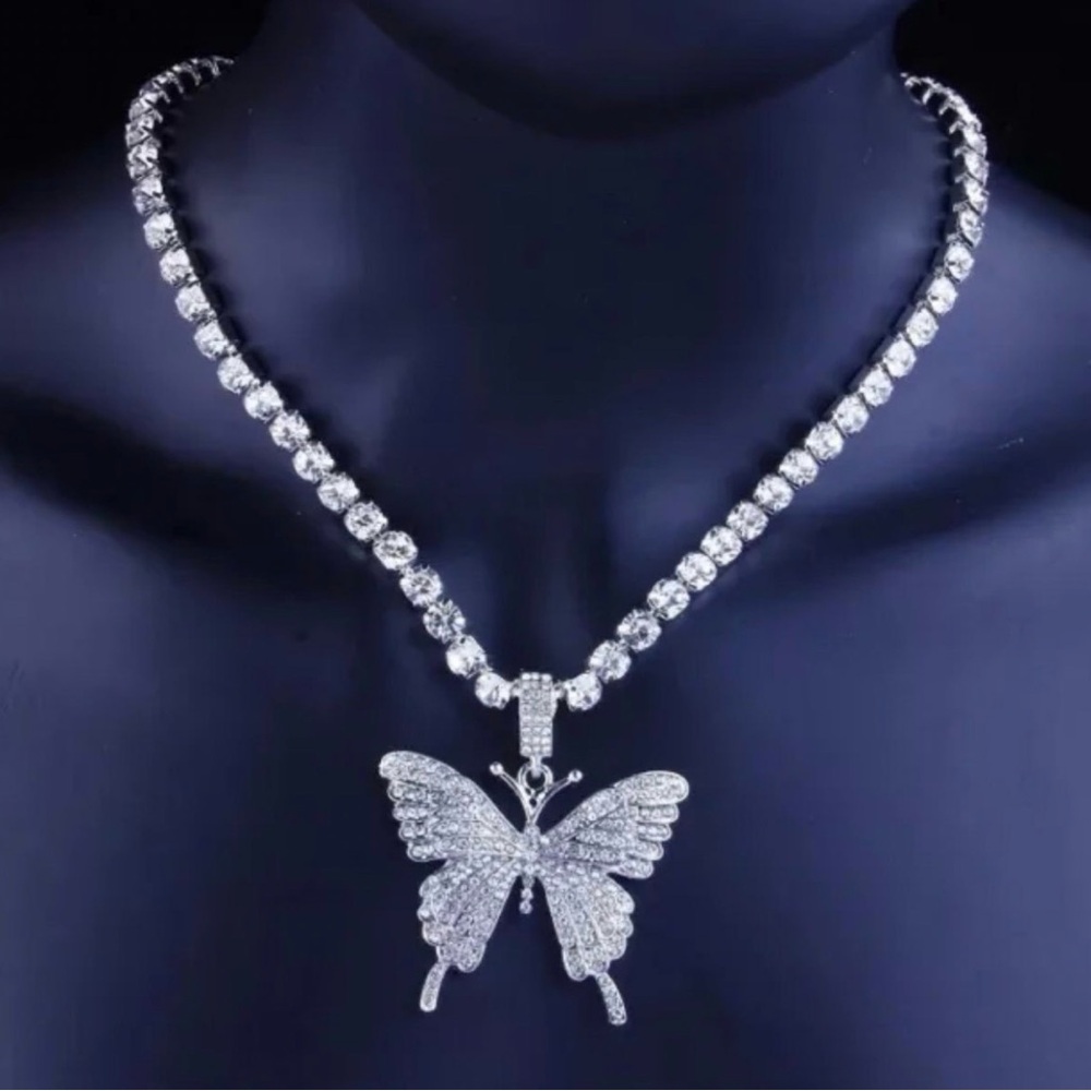 Iced Butterfly Pendant Necklace Rhinestone Tennis Chain New